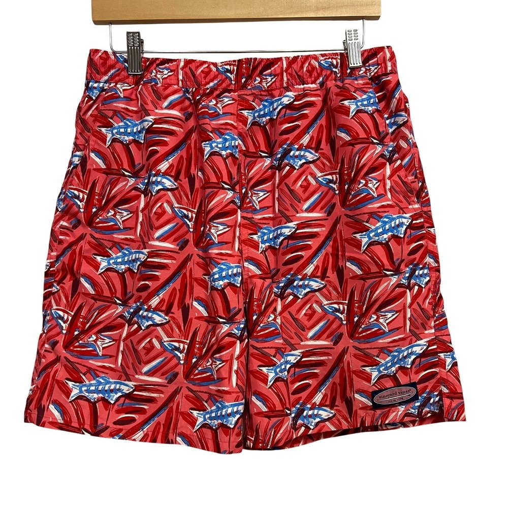Vineyard Vines Swim Trunks Boys XL 18 Red Shark Tropical Print Board Shorts Mesh
